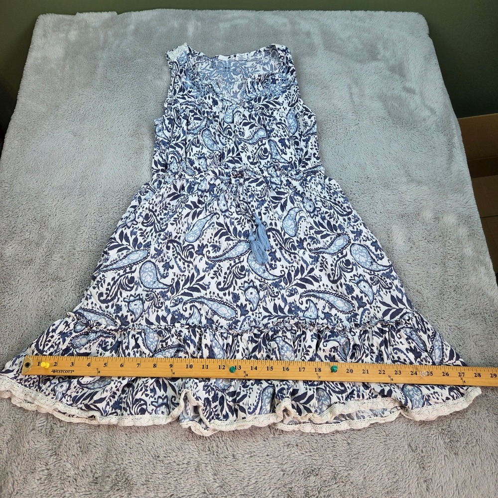 Lucky Brand Paisley Sleeveless Dress Womens S Boho Lace Trim Tassel Blue White